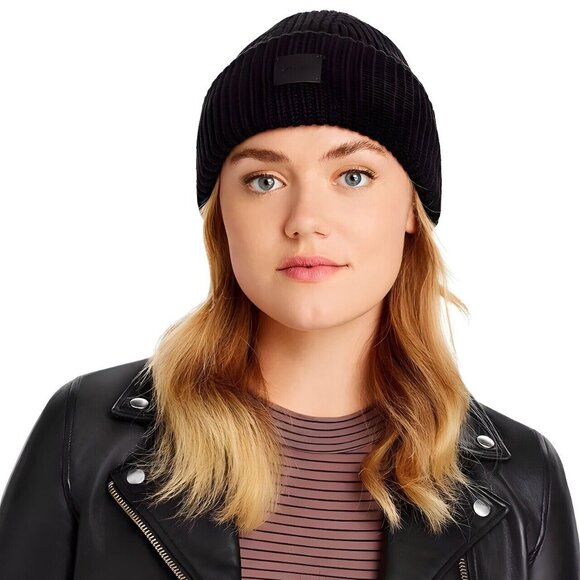 ALLSAINTS Traveling Rib Patch Casual Black Beanie Hat Wool Blend - Picture 1 of 6